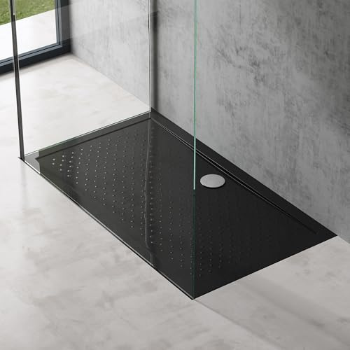 doporro Plato de Ducha Rectangular Antideslizante 80x140x4 cm – Acrílico Negro, Conexiones DIN, Instalación a Ras de Suelo – Lucia02