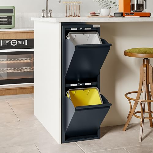 VEEHAUS Küchen Mülltrennsystem, Metall Müllschrank, Klappfach (2 x 15 L) | Freistehend & vormontiert, Einzeln zu öffnende Klappen, Magnetische Außenfläche, Herausnehmbare Eimer, 30 L, Anthrazit