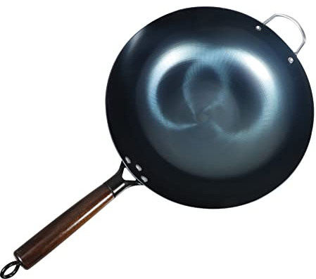 Cabilock Padella Wok in Ferro Massiccio 32 Cm Manico in Legno, Wok per Fornello a Gas, Pentola da Cucina per Uso Professionale e Domestico, Conduzione Rapida e Superficie Liscia, Utensile