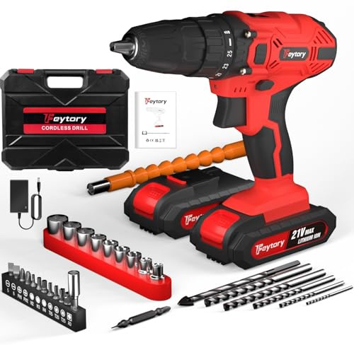 Cordless Drill Driver 21V, Handheld Screwdriver Combi Drill Set with 2X Batteries and Charger, 3/8'' Keyless Chuck, 45Nm, 25+1 Torque, 29pcs Accessories & Storage Case for Home and Garden DIY, Red