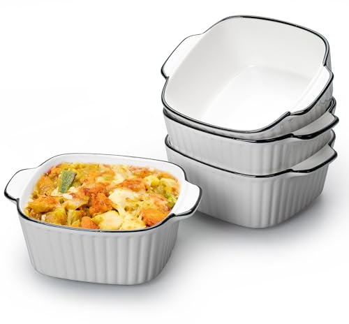 Juego de 4 moldes de cerámica pequeños, moldes cuadrados con asas de cerámica, pequeño horno para lasaña, tiramisú, molde para hornear