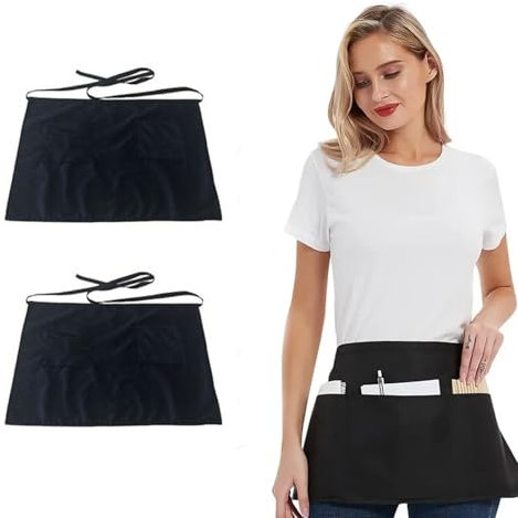 XWYDZ 2 Pcs Waitress Apron, Waist Apron, Black Server Aprons for Chef Restaurant Staff, 3 Pocket Adjustable Waistband Unisex Hospitality Workwear (Heavy Duty, Barista Essentials)