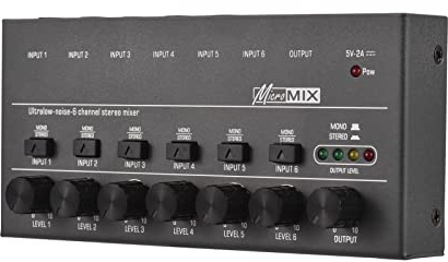 Ultra Low Noise 6 Channel Line Stereo Mixer 6 Input 1 Output Mono and Stereo Switching DC 5V Portable Mini Audio Mixer Microphone Guitar Bass Keyboard Mixers for Club Bar Stage Studio
