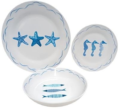 Servizio di piatti 18 pezzi per 6 persone in porcellana decoro mare pesce cavalluccio marino stelle marine tavola casa cucina