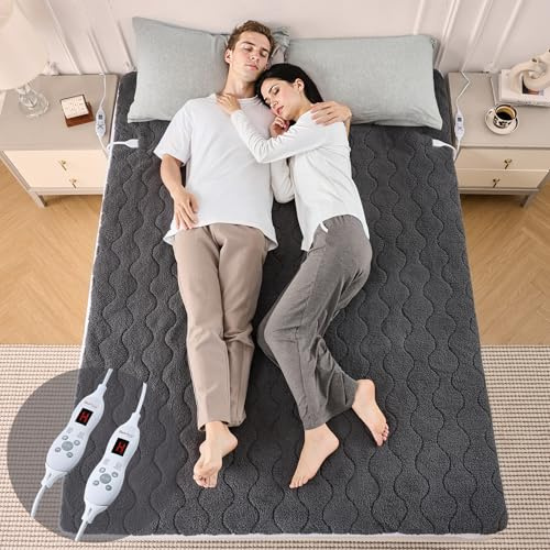Bearhug Couverture Chauffante 2 Places - Surmatelas Chauffant 135x190cm Tissu Sherpa Gris 200g/m² Ultra-Doux 45cm Deep Pocket 2 Zones & Commandes 10 Niveaux + Minut. 12h Sécurité CE Lavable Machine