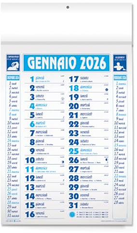 Calendario 2026 Olandese Listellato, 5 pezzi, con Santi, Festività, Fasi Lunari, Mesi Adiacenti, 31x53,3 cm, Varie Colorazioni, s70 (BLU)