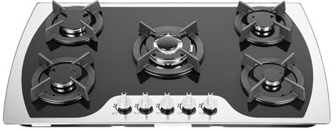 Placa de Cocción de Gas con 5 Quemadores Cocina Empotrable, GLP/GN, 5 Quemadores, Acero Inoxidable, Encimera Gas 5 Fuegos 90x51x6 cm