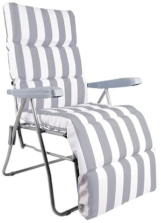 groundlevel.co.uk Garden Gravity Chair with Stripe Cushion – Adjustable Recliner Lounge Chair Outdoor Patio Folding Chair for Lawn, Deck, Camping, and Poolside - 3 Colours (Grey)