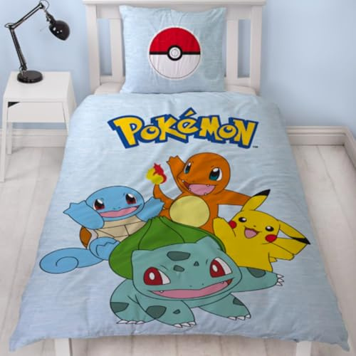Bettwäsche Pokemon 135x200 - Kinder Gaming Geschenkidee, 1x Kissenbezug 80x80 + Bettbezug 135x200, mit Reißverschluss - Wende-Motiv - Pikachu Fanartikel Teenager Jungen und Mädchen Geschenk