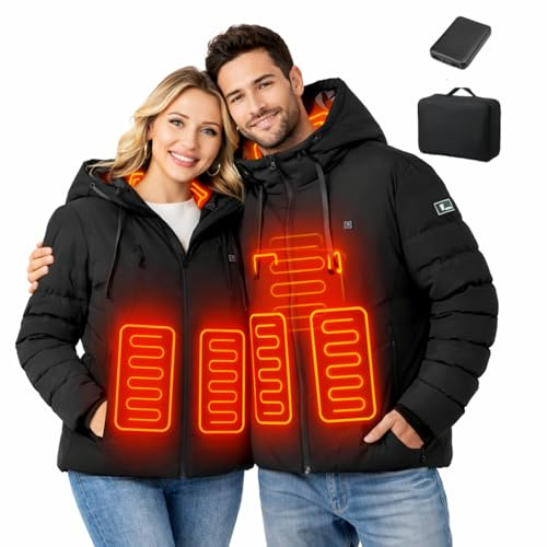 Wodesid Giubbotto Riscaldato con Cappuccio per Uomo Donna, Giacca Riscaldata 10000mAh Batteria, 4 Zone di Riscaldamento, Impermeabile Termico Cappotti per Sci, Moto, Caccia