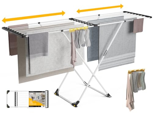 Newlux-Tendedero Extensible Expansion V25 Telescópico 21m Capacidad (189x57x92,5cm), Estructura Super Estable, Barras XXL Extra Gruesas. Tendedero Plegable con Ruedas y Soporte para Calcetines, Blanco