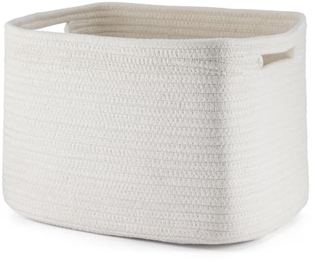 GreenWhim Cotton Rope Storage Baskets Woven Organiser Bins for Shelves, Bathroom or Nursery, Fabric Baskets for Toys, Towels, Books, Laundry, Living Room Decor, White