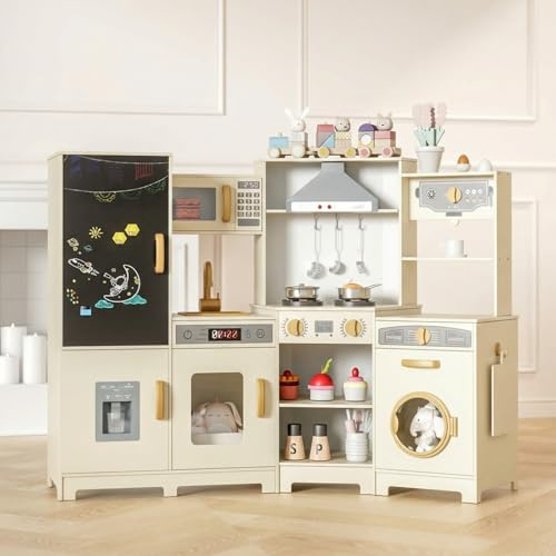 MAMIZO Wooden Corner Play Kitchen, Extra-Large Interactive Kids Kitchen Playset w/Lights & Sounds, Blackboard, Washing Machine, Ice Maker & 7 Accessories, Ultimate Pretend Toy Kitchens for Toddler