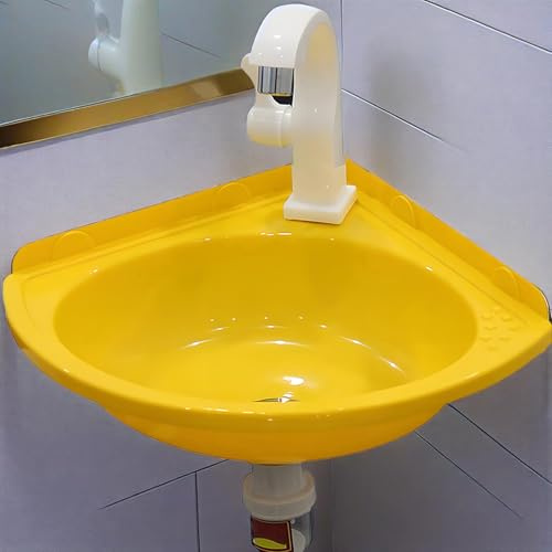 Wandmontiertes kleines Eckwaschbecken mit Wasserhahn & Ablauf - Ohne Bohren Mini Kunststoffbecken für Badezimmer, Garderobe & WC - Platzsparende Gefäßspüllösung