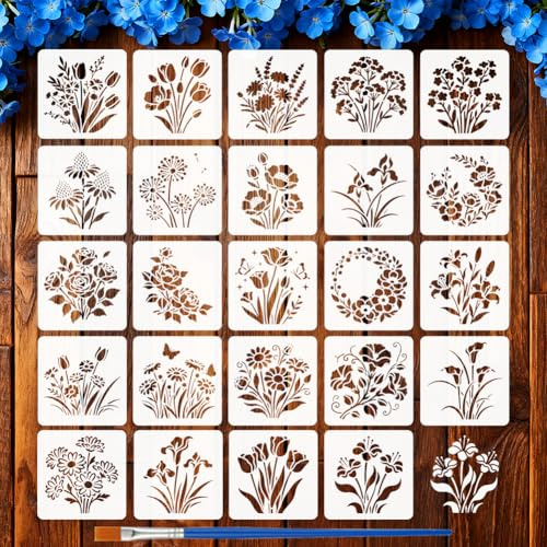 FINGERINSPIRE 24 Stück Wildblumen Malschablone Mit Pinsel 15x15cm Wiederverwendbare Vorlage Mit Blumen Und Blättermotiven Schmetterling Rose Löwenzahn Pflanzenmotiv Für Die Heimdekoration