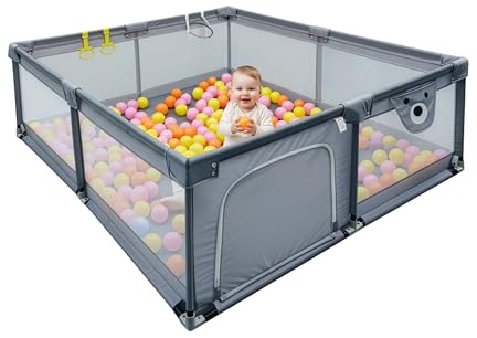 Relaxdays Laufstall Baby, 200 x 200 cm, Laufgitter, 50 Bällen, 2 Laufstallringe, sichere Spielecke, Oxford-Gewebe, grau