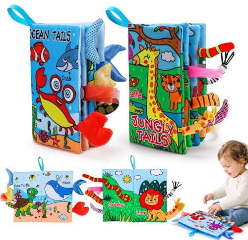 Lypsochaat 2 Stück Baby Spielzeug ab 0 3 6 Monate, Stoffbuch Baby Spielzeug 6 Monate,3D Wald Tier Motiven Fühlbuch Knisterbuch,Quiet Book, Neugeborene Baby Geschenk für Jungen Mädchen (Marine&Wälder)
