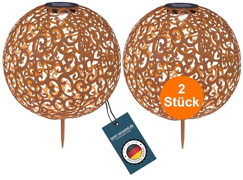 bmf-versand Juego de 2 luces decorativas para jardín con luz en aspecto de bronce, 30 cm, lámpara solar para balcón, estatua para exteriores, decoración de jardín con bola de cristal LED, lámpara de
