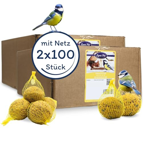 Lyra Pet® | 2 x 100 STK. Ganzjahresknödel mit Netz à 90 g = 18 kg | Fettreicher Energielieferant für Wildvögel | Meisenknödel für Körnerfresser | Ganzjähriger Energiespender - Nährstoffreiches Wildvogelfutter - Fettfutter für Sommer & Winter - Mit Netz zum Aufhängen