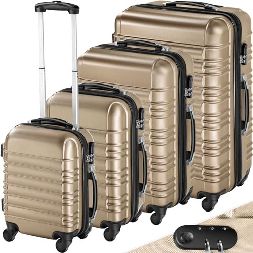 tectake® 4 TLG Reisekoffer Set, TSA Schloss, Hartschalenkoffer Set, Trolley Kofferset, ABS Hartschalen Reisekofferset, Trolley, Gepäck, 4 Rollen, 360 Grad drehbar - Champagne