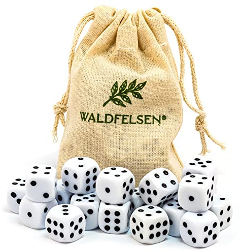 Waldfelsen 6, 12, 20, 30 oder 50 hochqualitative Würfel Standardgröße 16 mm Acrylwürfel Knobel Spielwürfel Dice 6-seitig sechsseitig Spielzubehör Set mit Stoffbeutel (Weiß, 20 Stück)