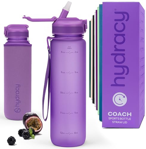 Hydracy Borraccia con Indicatore del Tempo e Cannuccia - 1L Bottiglia a Prova di Perdite senza BPA - con Manicotto Anticondensa - Ideale per Sport e Attività all'aria Aperta