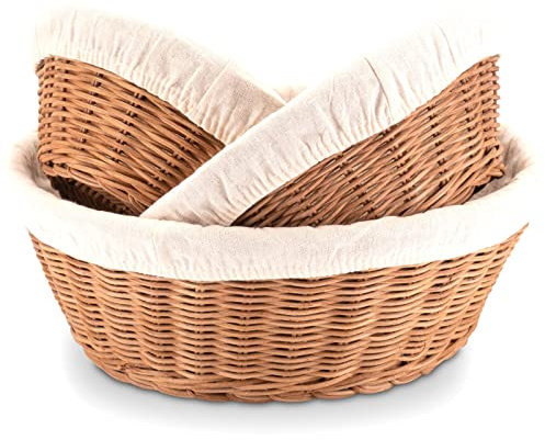 Decorasian Cestino per il pane intrecciato in rattan – Cestino per il pane rotondo in set da 3 pezzi con panno di lino – Cestino rotondo piccolo e grande