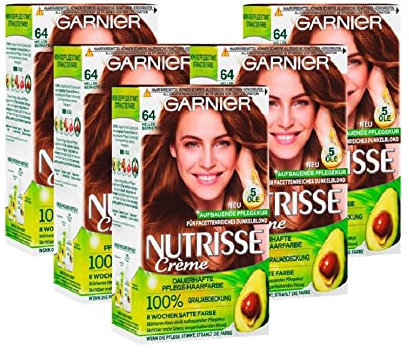 Garnier Nutrisse Creme Intensivtönung mit 8 Wochen Halt, Pflegende Coloration mit nährenden Fruchtölen, Haarfarbe für jedes Haar, Nr. 64 Heller Bernstein (Braun), 6 Stück