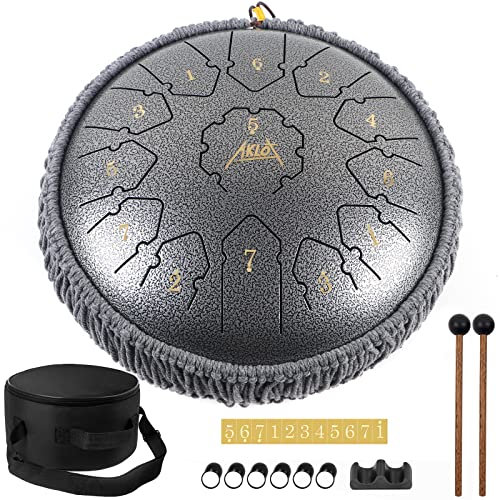 Zungentrommel,AKLOT Tongue Drum 12 Zoll 13 Notizen Handpan Stahlzungentrommel C Dur Steel Tongue Drum mit Schlegel Hinweis Aufkleber Finger Picks Mallet Bracket und Tasche