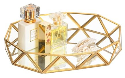 Feyarl Glass Mirrored Tray Gold Perfume Tray Ornate Cosmetic Makeup Vanity Trays Jewelry Display Organizer Decorative Trays for Home Decor Dresser Tabletop