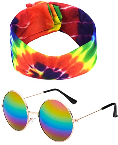 Karjiaja 2 Stücke Hippie Kostüm Set Accessoires mit 60er Jahre Retro Vintage Brille, Friedenszeichen Halskette Damen und Buntes Hippie Stirnband für 60er 70er 80er Party Verkleiden Zubehörset
