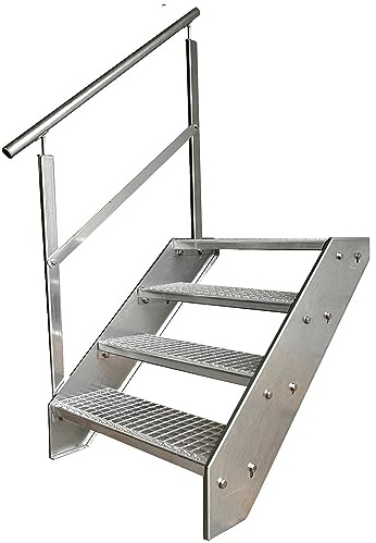 Kaminbau Mierzwa Premium Stahl Treppe Geländer Links Verzinkt 4 Stufen (Breite 800 mm) (Höhe 76 cm) Wetterfest Gitterroststufe Gartentreppe