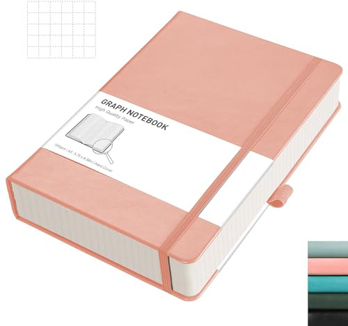 RETTACY Graph Paper Notebook - 320 Pages Grid Notebook Thick Journal A5, 100gsm Thick Graph Paper, Leather Hardcover - Pink