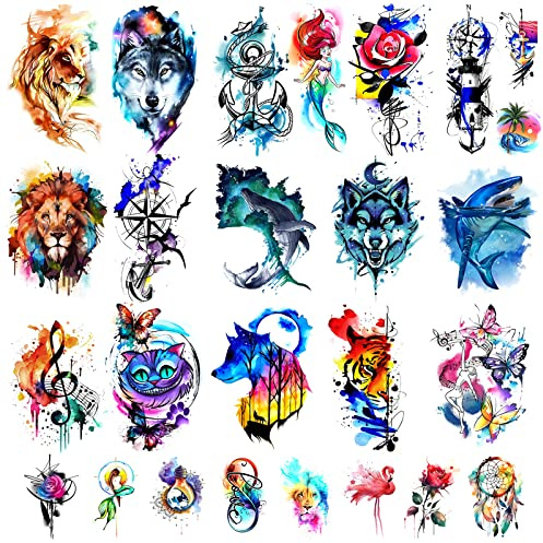 48 tatuaggi temporanei dell'acquerello per adulti e bambini, tatuaggio del braccio, tatuaggio del corpo, tigre della sirena del gatto lupo dell'acquerello