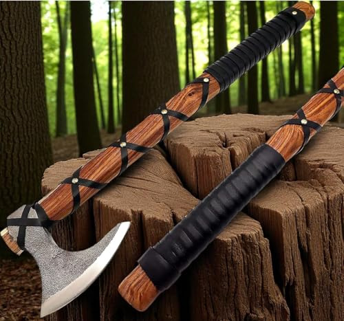 22-Inch Hand-Forged Viking Axe with Sheath, Hatchet with Sheath, Gift for Men, Survival Axe, Viking Bearded Camping Axe, Ragnar Lothbrok Axe, Viking Knives, Best Gift Axe (Brown)