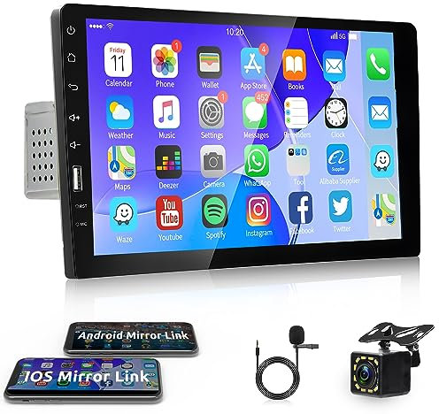 Autoradio 1 Din mit Bluetooth Freisprecheinrichtung Android/IOS Mirror Link 9 Zoll Touchscreen Autoradio mit Bluetooth FM Radio USB/AUX/TF/EQ/7 Farben Licht Lenkradsteuerung + Rückfahrkamera Mikrofon