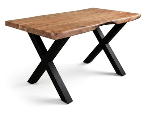 SAM Esstisch 140 x 80 cm Cali, Baumkantentisch naturfarben, Akazienholz massiv, X-Gestell aus Metall Schwarz, aufgedoppelte Kanten 25+25 mm