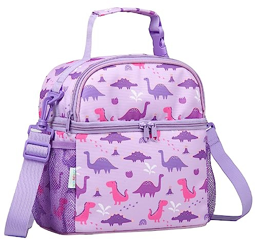 VASCHY Bolsa Térmica Infantil Doble Compartimento, 9,4 L, 25 x 14,5 x 26 cm, Nevera Portátil Porta Alimentos para Niños y Niñas con Correa Ajustable, Colegio y Guardería, Dinos Lila