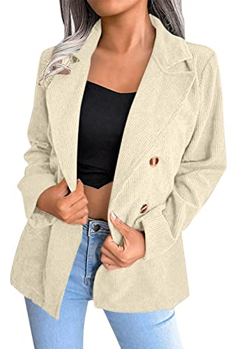 L9WEI Blazer para mujer, chaqueta de pana elegante con solapa, cárdigan frontal abierto, manga larga, chaqueta informal para otoño, ropa de exterior, beige, M