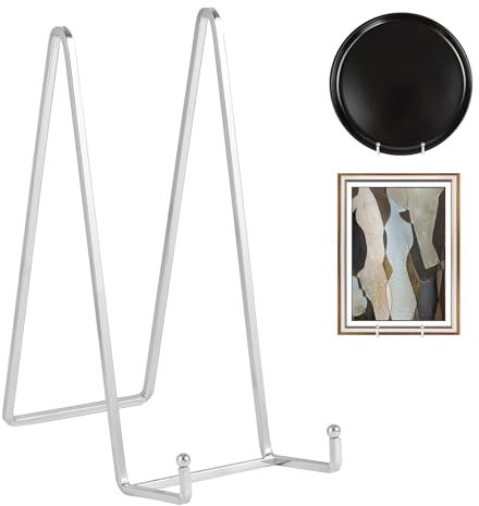 Large Plate Holder Display Stand - 10 inch Tall Plate Stands for Display - Metal Picture Frame Stand - Big Tabletop Easel Stand for Decorative Plates | Platter | Book | Plaque | Tile - 2 Pack - Silver
