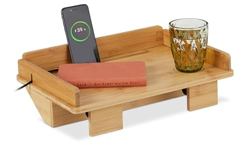 Relaxdays Bettablage, Mini-Nachtisch zum Klemmen, HBT: 11 x 38 x 26 cm, mit Kabelschlitz und Tablethalter, Bambus, Natur | HBT: 11 x 38 x 26 cm, mit Kabelschlitz und Tablethalter, Bambus