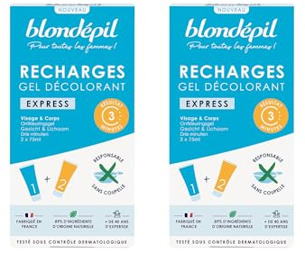Blondépil - Lot 2 Recharges Decolor Express, Creme decolorante visage et corps. Peaux sensibles, Ultra rapide, Crème épilatoire femme Made in France, 89% d’ingrédients d’origine naturelle
