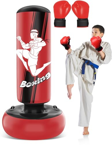 66 Inch Inflatable Punching Bag for Kids, Freestanding Punching Bag for Teen, Boxing Bag with Boxing Gloves for Practicing MMA Karate Taekwondo and Relieve Pent Up Energy(Red)
