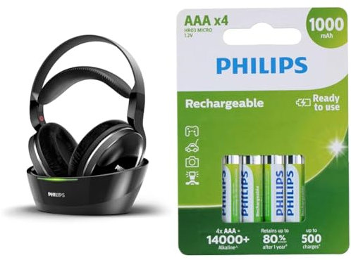Philips Kabelloser TV Kopfhörer Over Ear SHD8850/12 Wireless HiFi Kopfhörer Exzellenter Sound & Philips R03B4RTU10/10 Batteries and Lamps 42 x 10.5 x 44.5 mm, Set of 4