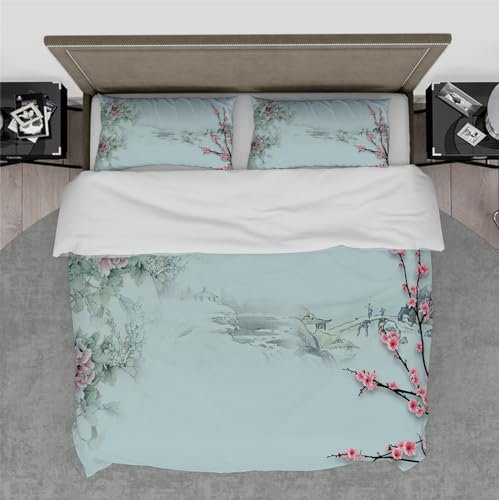 Funda de Edredón Set 3 Piezas Tinta y Aguada Pintura de Paisaje Pájaros Canto y Flores Juego de Ropa de Cama de Dormitorio Fragante con 2 Vergüenzas de Almohada 200 x 200 cm