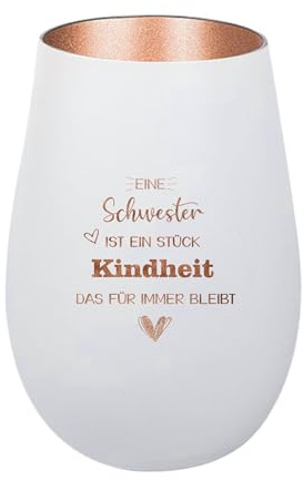 Der-Porzellan-Laden Windlicht mit Gravur, Weiß Bronze, Teelichthalter | Eine Schwester ist EIN Stück Kindheit, aus Glas mit Spruch, Tischdeko modern