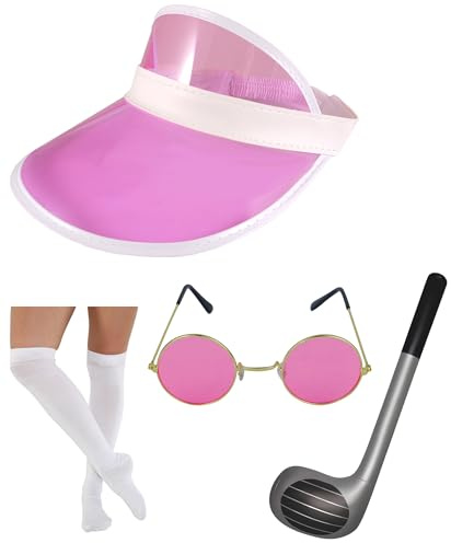 labreeze Neon Sun Visor Hat Inflatable Golf Club White OTK Socks Gold Frame Glasses Unisex 1980’s Poker Fancy Dress Kit (Pink)