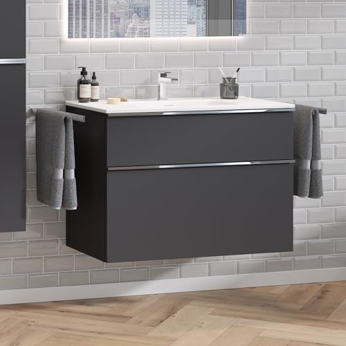 Zentrobad Griff Premium Waschbecken weiß mit Unterschrank 100 cm Waschtisch Badmöbel Badezimmer Schrank Badschrank mit Zwei Schubladen (anthrazit matt lackiert)