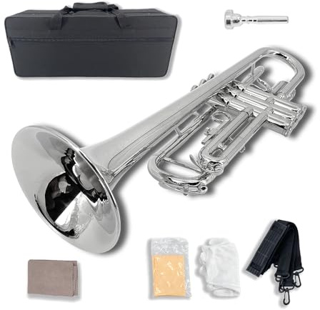 Youngmonic Juego de trompeta estándar Bb, instrumentos de viento occidentales de latón para adultos o principiantes, instrumento de trompeta de latón con estuche duro, paño de limpieza y guantes