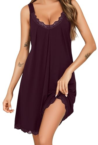 Lovasy Nuisette Sexy Femme Court Chemise de Nuit en Dentelle Légère Cotton Babydoll Grande Taille Bretelles Large Robe de Nuit Col en V sans Manches,A Jujube Rouge,XL
